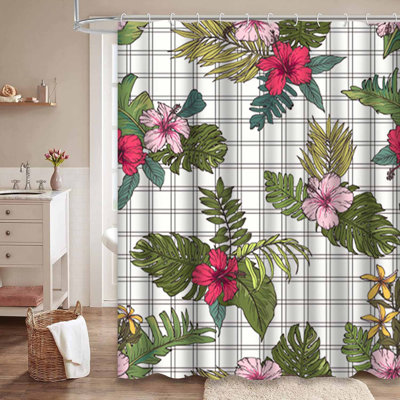 Rideau de douche imperméable à motif floral à carreaux tropicaux avec 12 crochets