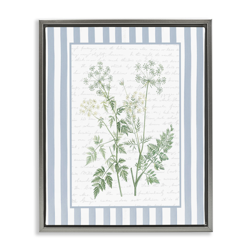 Cadre flottant Wild Herbs sur rayures bleues, design avec lettres et doublure, H 31 po x l 25 po, Cadre flottant gris lustré