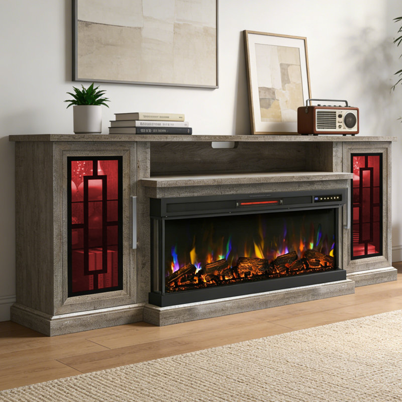 75" Highboy Electric Fireplace TV Stand - 40'' 3-Side Tempered Glass LED, Customizable Flame Effects, Fits 80/85'' Televisions, Modern Living Room Media Console, Gray Wash