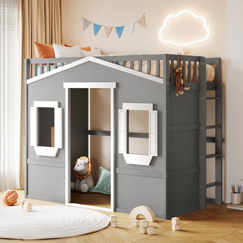 Twin Size House Loft Bed With Ladder, Grey/White, Twin