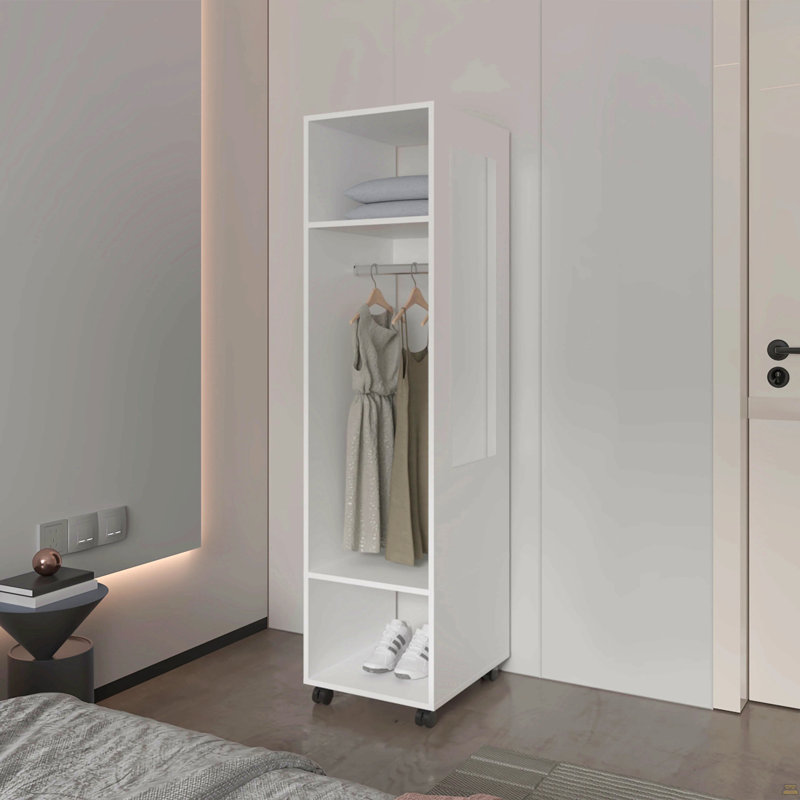 Armoire blanche à 3 tablettes avec miroir et rangement ouvert