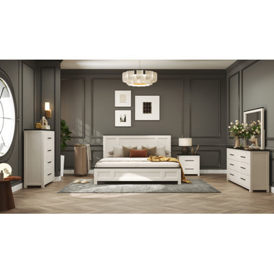 Ensemble de chambre à coucher en bois, lit à panneaux avec commode, miroir, commode et table de chevet 5 pièces Roundhill Furniture Realynn, finition blanc cassé