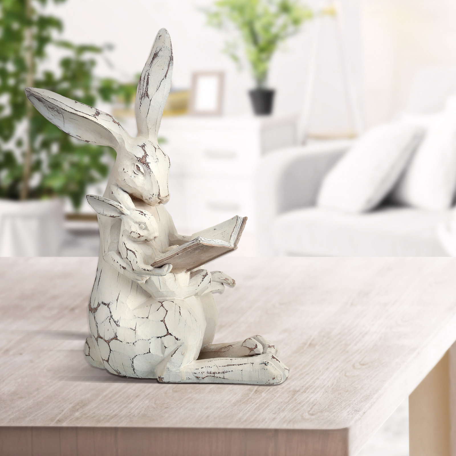 Carved Bunny and Baby with Book Figurine