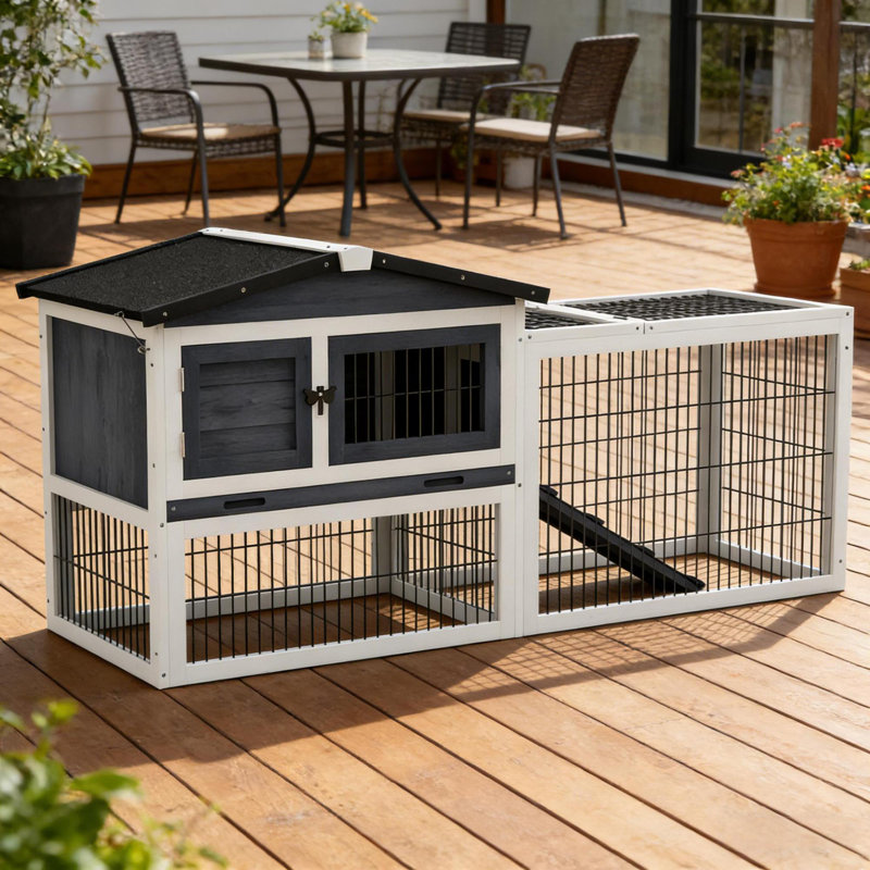 Cage à lapins en bois spacieuse, style rustique pour petits animaux