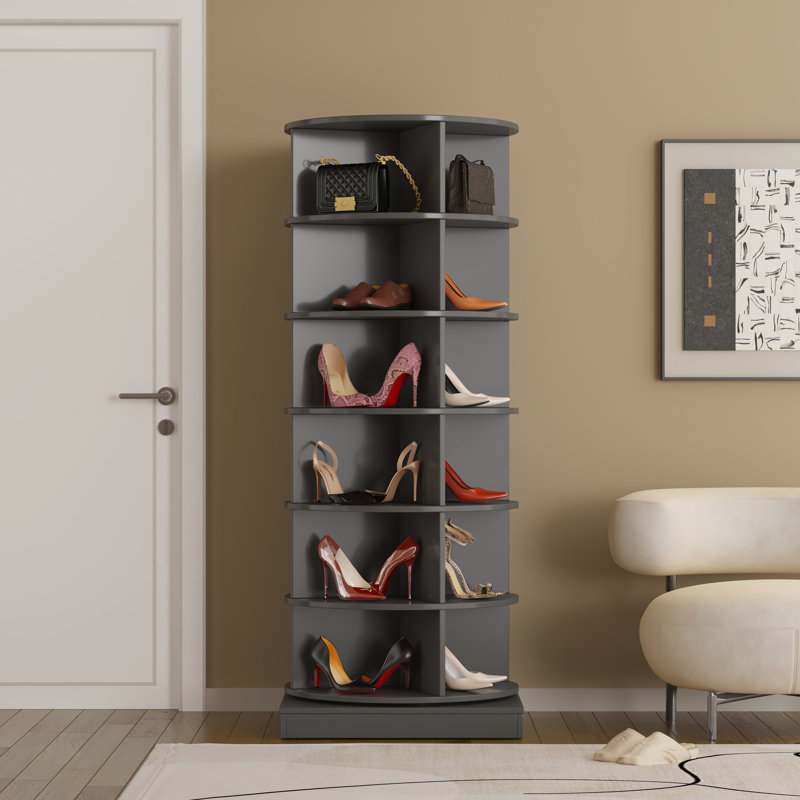 6-Layer 360 Rotating Grey Shoe Console Table, Space Efficient, Fits 24 Pairs, Modern Style Cabinet, Large Capacity For Enhances Home Aesthetics