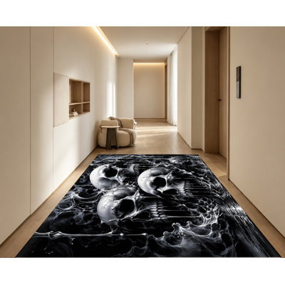 Gothic Skull Print Area Rug, Dark Fantasy Abstract Skull Artwork Pattern, Bold Artistic, Machine Washable, Non‑Slip Backing, Unique Indoor Rug for Living Room, Bedroom, Apartment, Basement, Garage