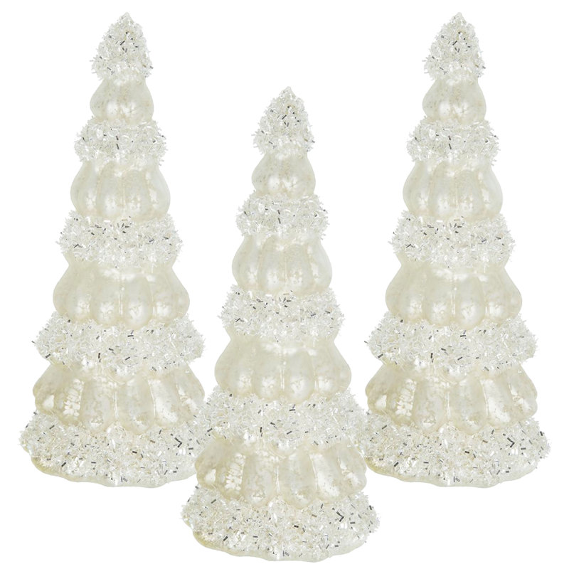 Glass Cone Tree With Light - Set of 3 - 3.5" x 3.5" x 8.3" - Cream