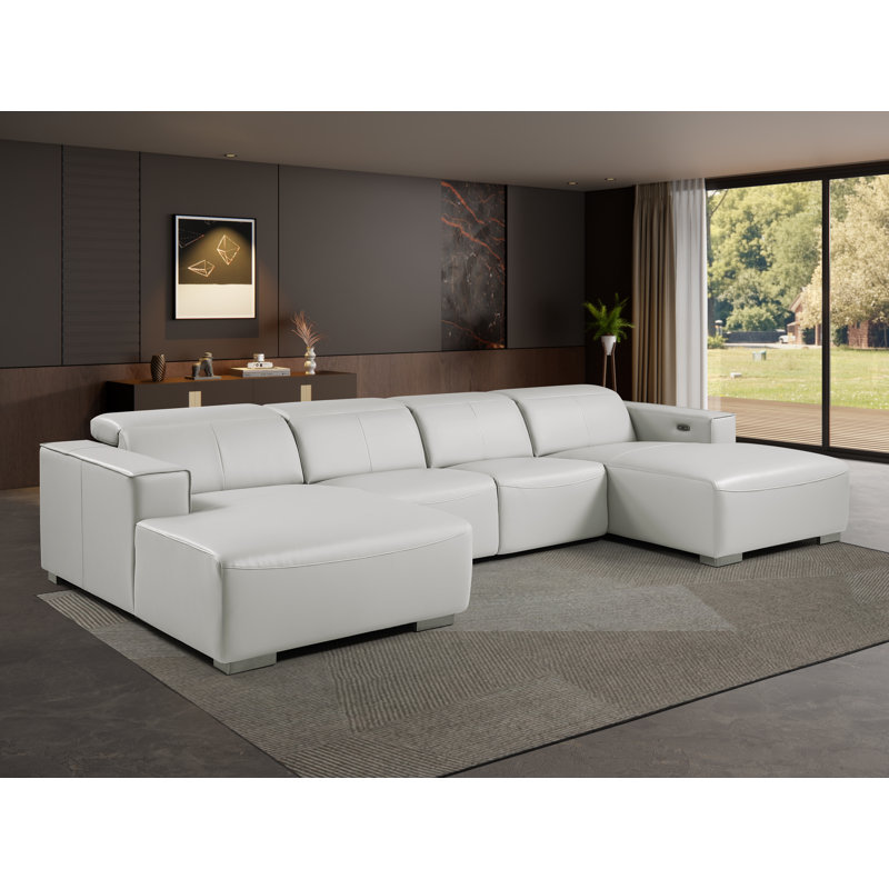 Canapé modulaire en U en cuir véritable 4 pièces gris clair avec 2 fauteuils inclinables électriques et appuis-tête réglables
