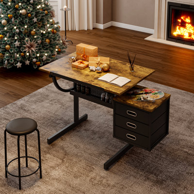 Lentine Adjustable Drafting Desk with 3 Drawers and Stool by Ebern Designs