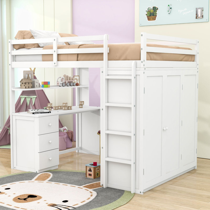Loft Bed With Desk, Drawers, And Wardrobe, Full, White