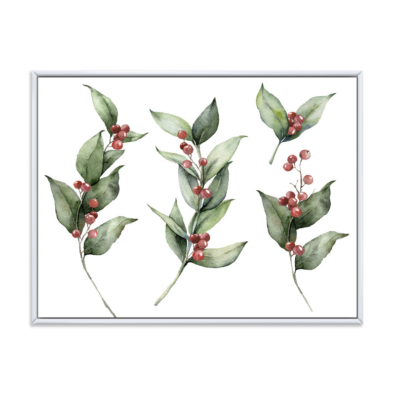 Ensemble de Noël avec branches et Berrie rouge - Peinture sur toile, H 12 po x l 20 po x p 1 po, Cadre flottant blanc