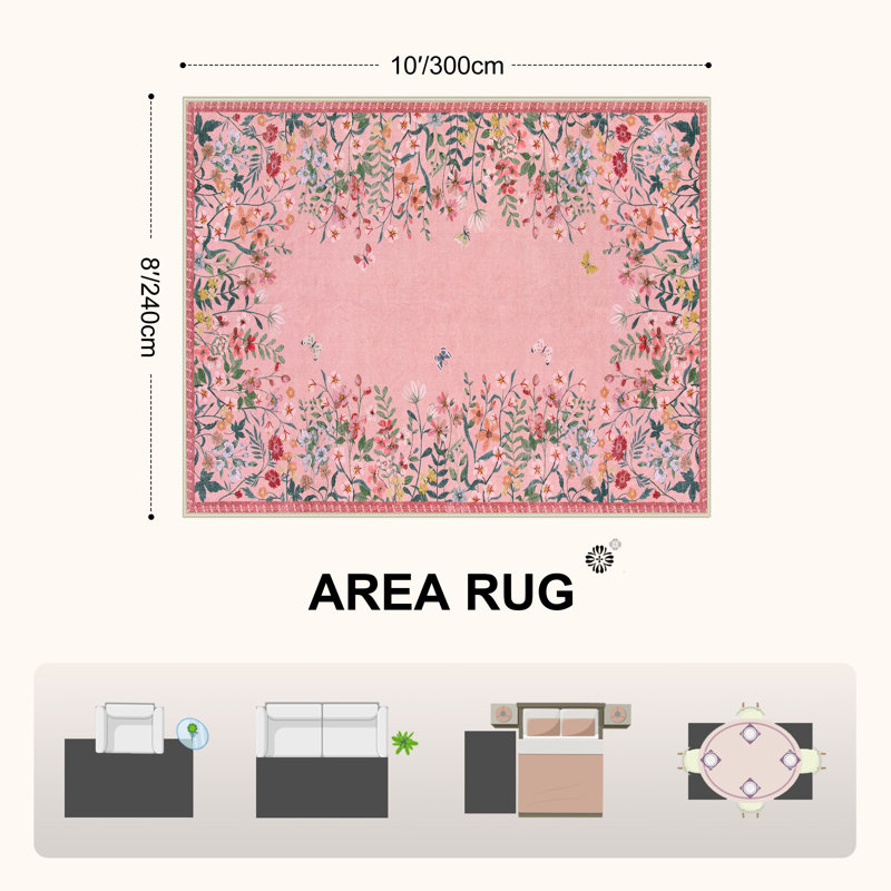     Floral Vintage Washable Pink 8X10 Area Rug with Non Slip Backing - Low Pile Durable Carpet for Living Room, Bedroom, Dining Room or Office Decor