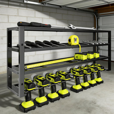 Heavy Duty Wall Mount Tool Organizer Rack, 4-Tier Metal Storage System With 8 Drill Slots And Screwdriver Holder For Garage Workshop, Supports 420 Lbs
