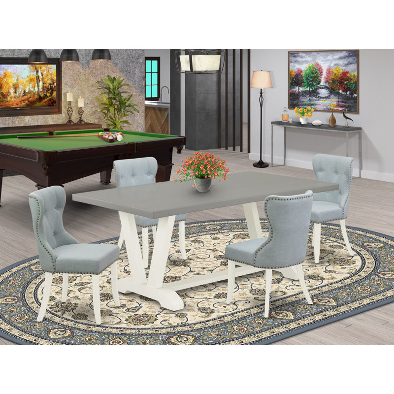 5-Piece Dining Table Set Contains a Cement Kitchen Table and 4 Baby Blue Linen Fabric Upholstered Chairs with Button Tufted Back - Wire Brushed Linen White