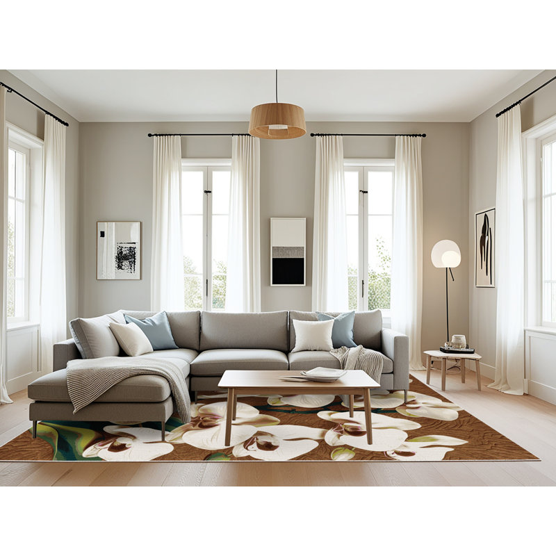 Tapis botanique beige lavable à la machine, Rectangle 8 pi x 10 pi