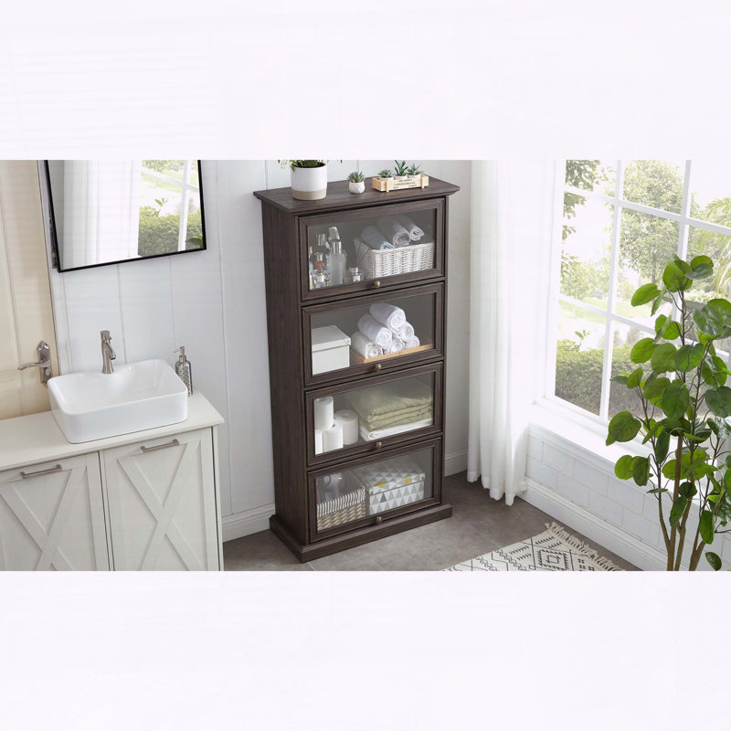 4-Tier Glass Display Cabinet with Flip-Up Glass Doors, Brown