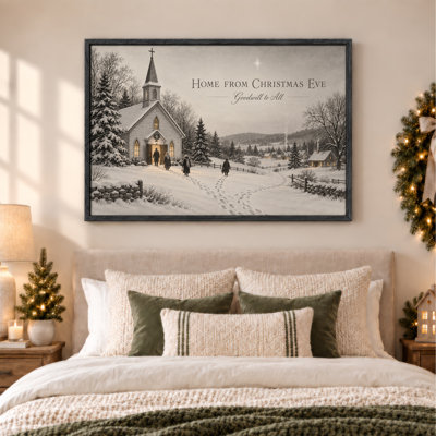 «White Church with Footprints in Snowy Winter Christmas», art mural sur toile