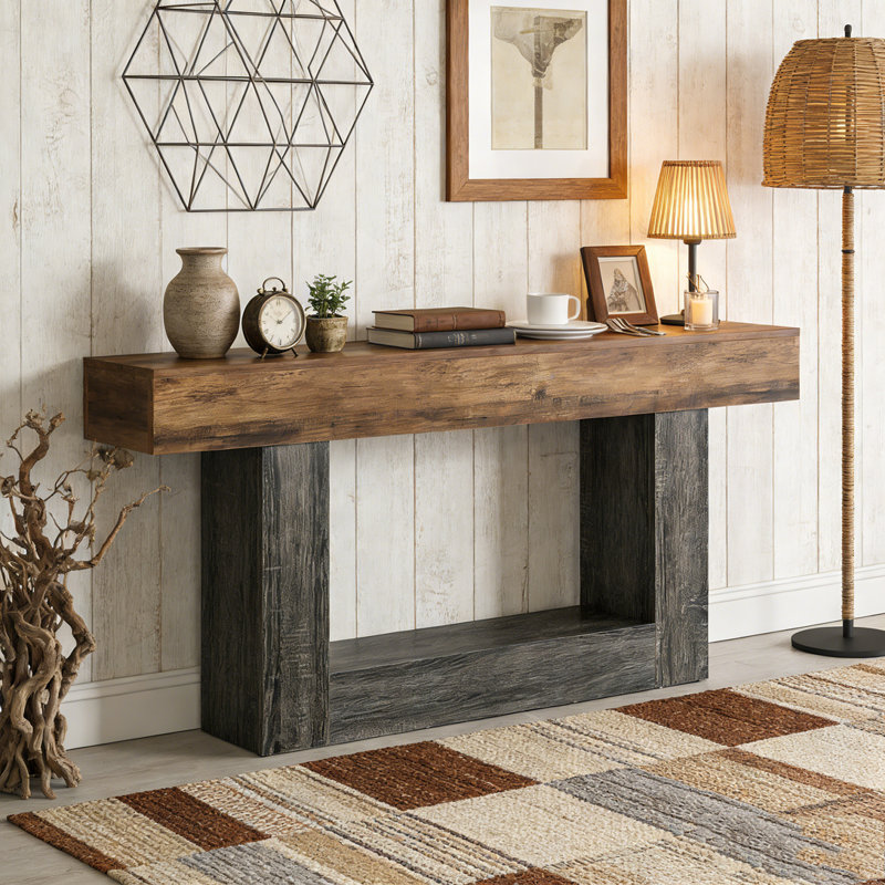 Wooden Farmhouse 2-Tier Sofa Entryway Table, Vintage Brown & Gray