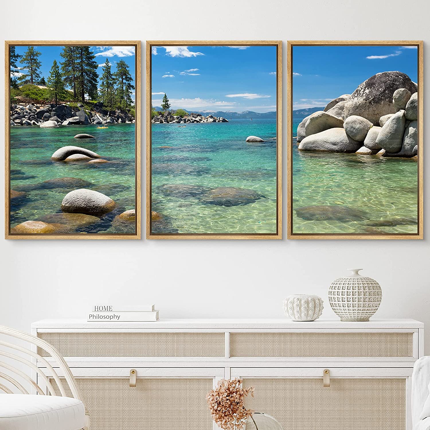 IDEA4WALL Lake Tahoe Framed On Canvas 3 Pieces Print