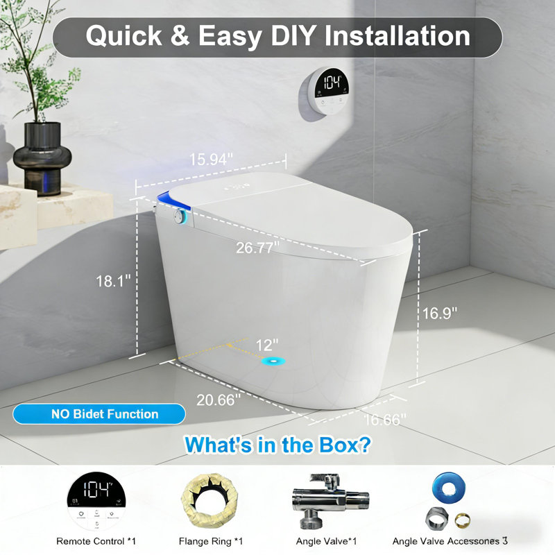 White Smart Toilet  - Automatic Flush, Radar & Foot Sensor Lid, Heated Seat, Bubble Shield, Blue Ambient Light, LED Display & Wireless Remote