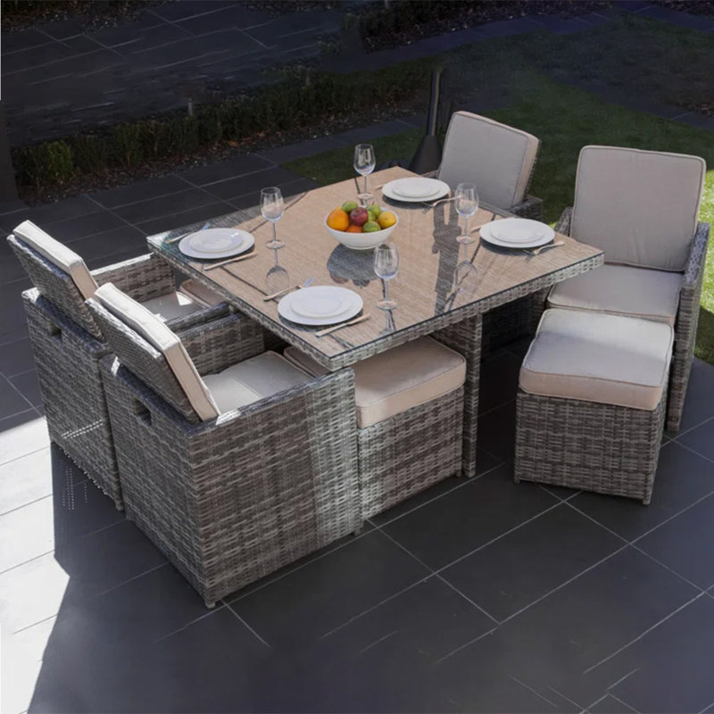 8 - Person Wicker Patio Dining Set with Square Table , Cushions Included, Gray