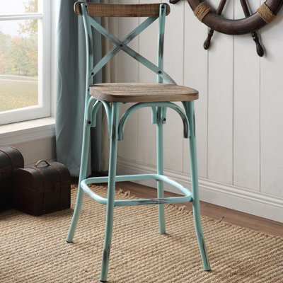 Vintage-style Bar Stool In Antique Oak - Four Legged Base, Metal Cross Back, Warm And Inviting Feel, 43.5" Height Back Sky Colors, Construction, Comfortable Seat, 18.5" Wide