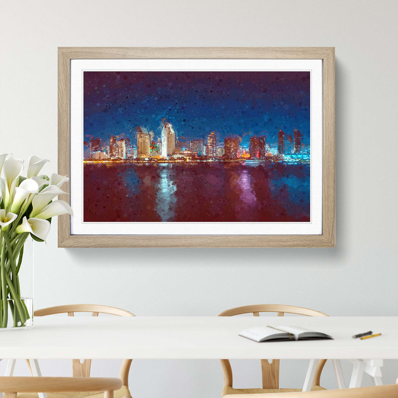 San Diego Skyline at Dusk in Abstract - Picture Frame Graphic Art Print, Oak, 50cm H x 76cm W x 2cm D