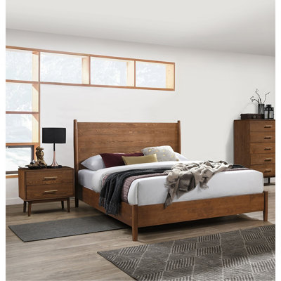 Walnut Color Panel Headboard 3Pc Bedroom Set Bed 2X Nightstands Wooden Mid-Century Modern Style