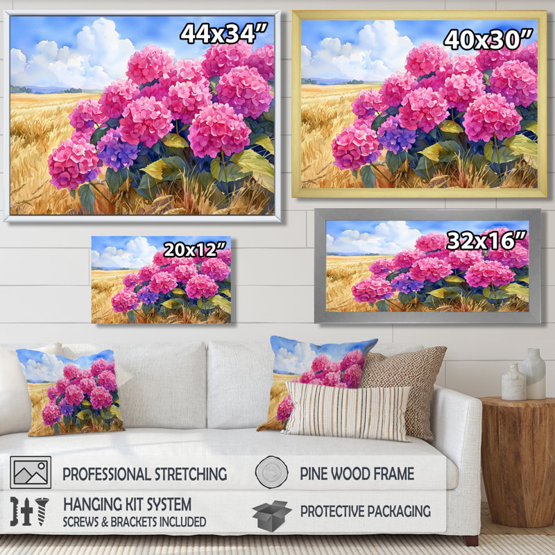 Hortensias dans le champ de céréales III - hydrangées, art mural, H 30 po x l 40 po, Impression encadrée flottante, Crème