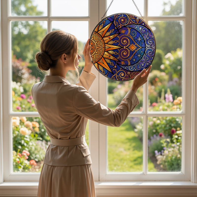 Vitrail 12 "H Sun Moon, H 12 po x l 12 po