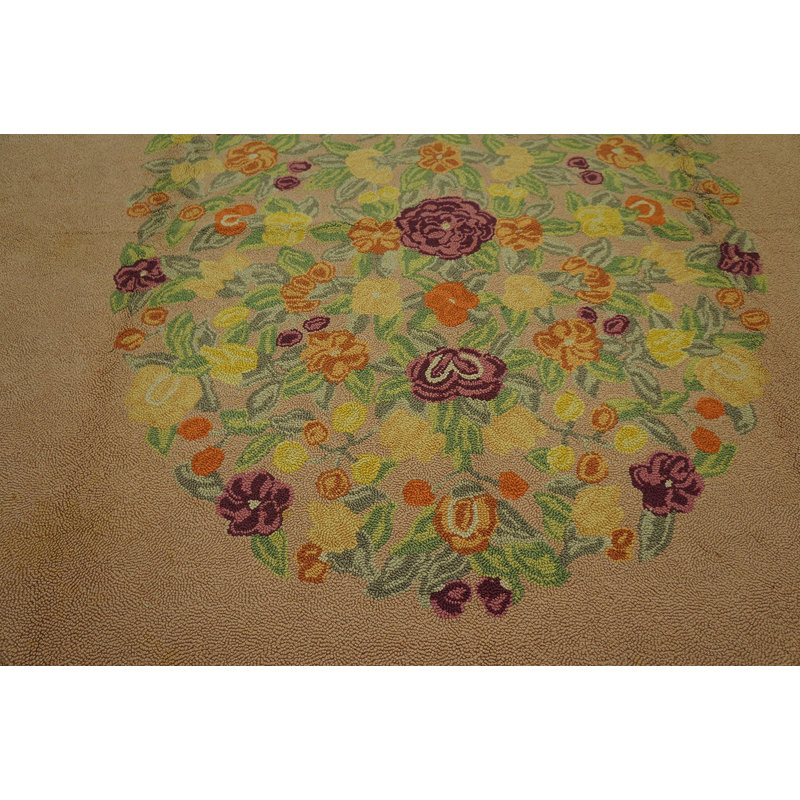 Large Oversized Oval Shape Ivory Antique European Floral Pattern American Hooked Rug