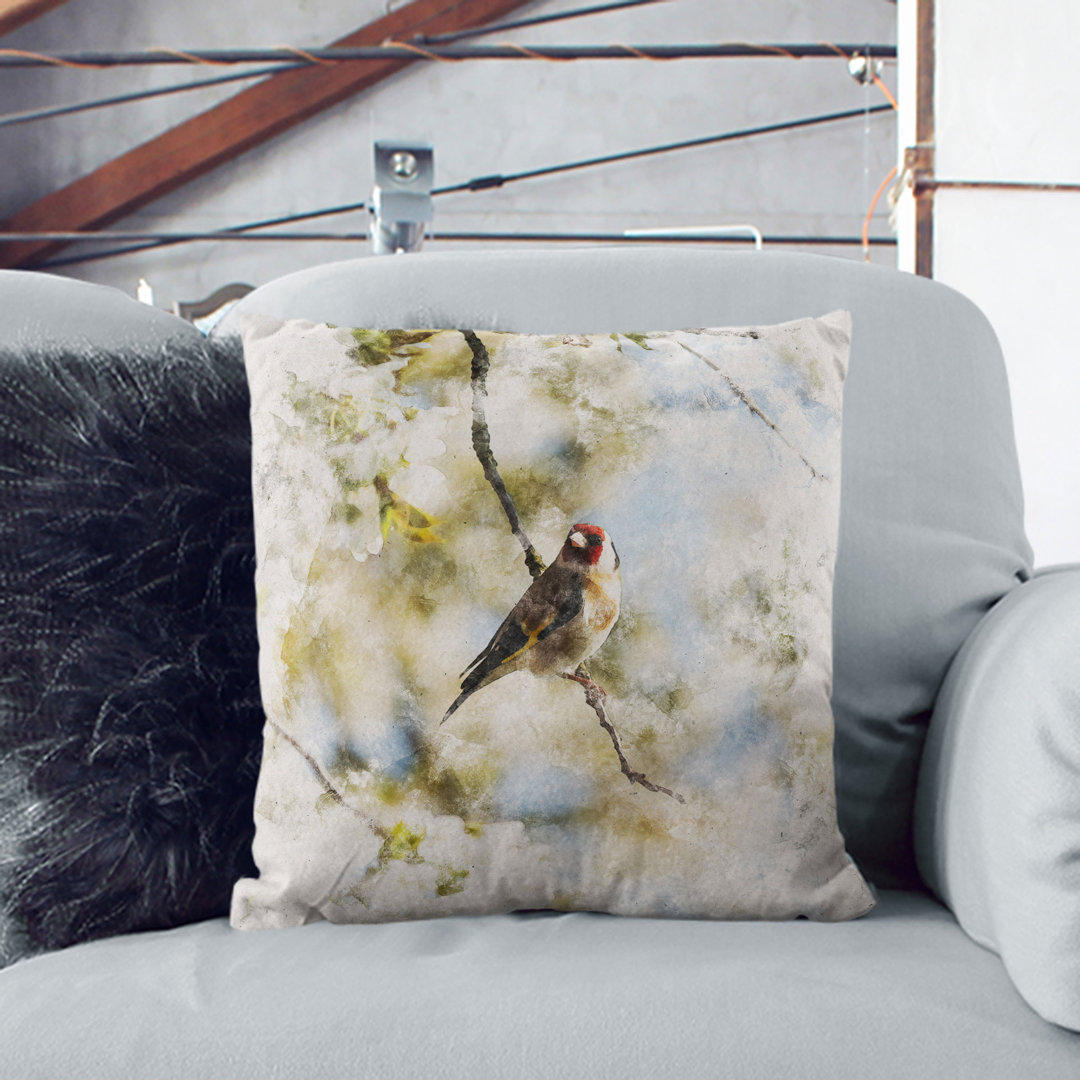 Goldfinch Bird in a Cherry Tree Watercolour Scatter Cushion