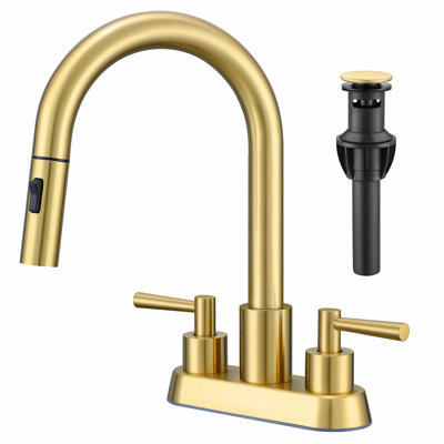 4 In. Centerset Double Handle High Arc Bathroom Sink Faucet With Pull Out Sprayer And Pop Up Drain