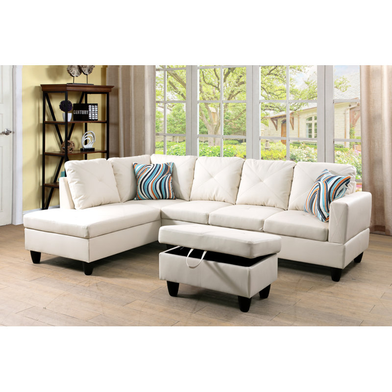 Faux Leather L-Shaped Sectional Left Hand Facing, White Faux Leather