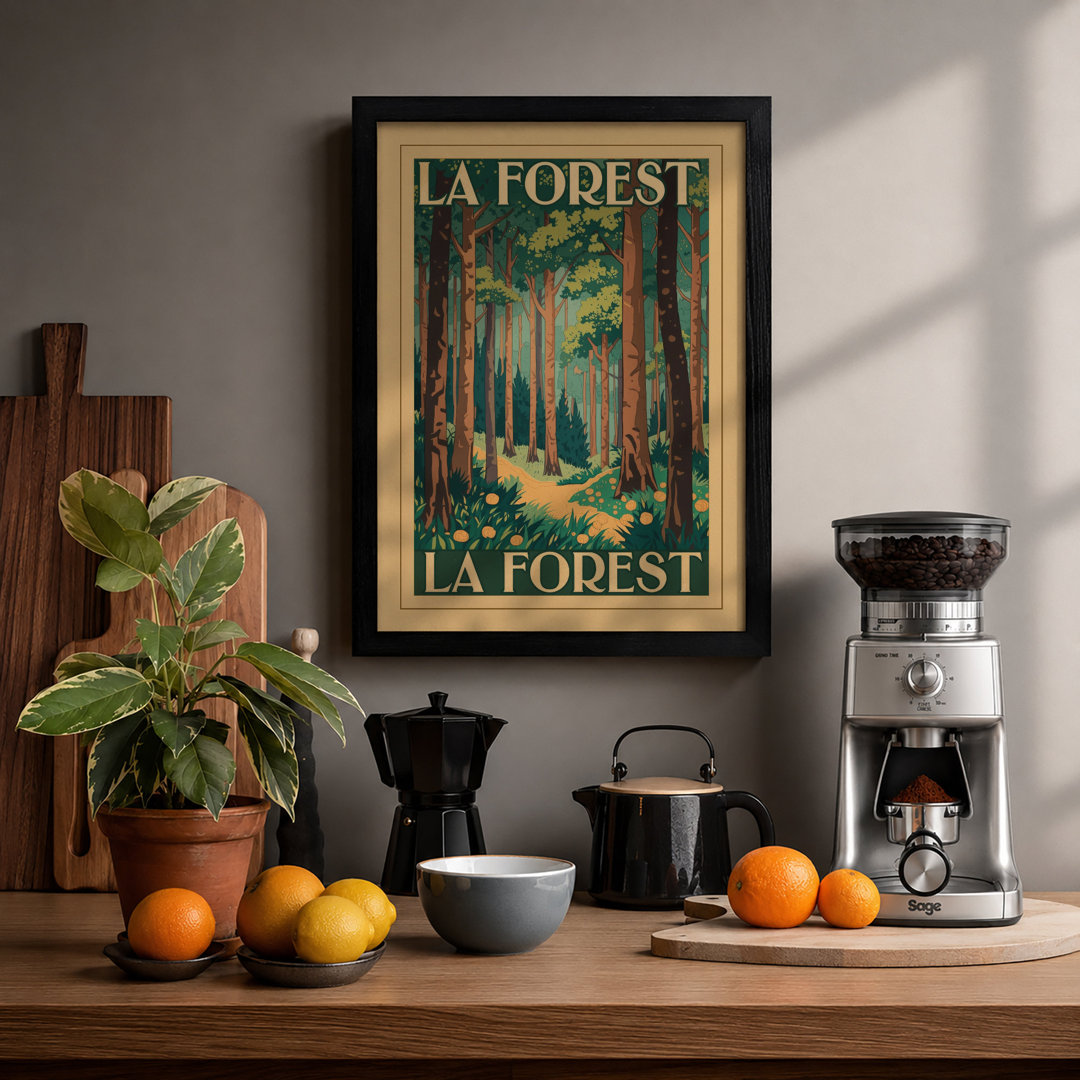Sunlit Forest Path Vintage - Framed Print