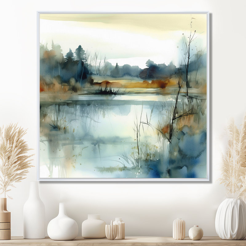 Illustration d'un paysage de lac d'été II, H 16 po x l 16 po, Blanc, Reproduction avec cadre flottant