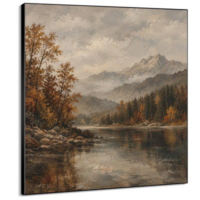 Impression sur tissu grand format - Lac de montagne d'automne avec reflets de forêt pour salon ou chambre - « Assemblage du cadre requis (cadre non fini) »