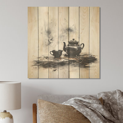 Black And White Boho Tea Set Potteries III - Boho Pottery On Wood Print