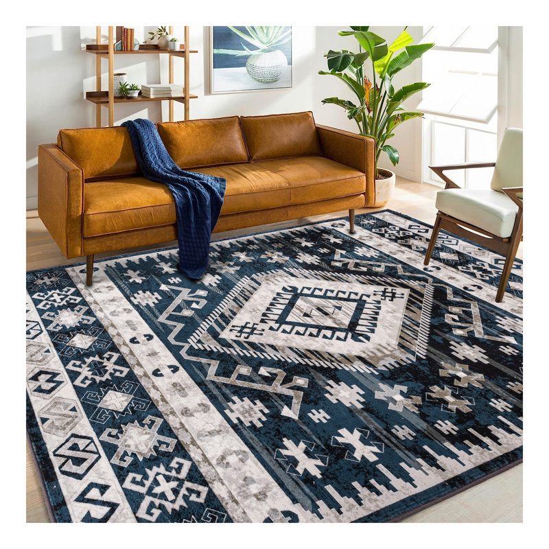 Area Rug Vintage Bohemia Large Persian Non-slip Washable Rug For Living Room Kitchen Bedroom Living Room Geometry Blue/Black