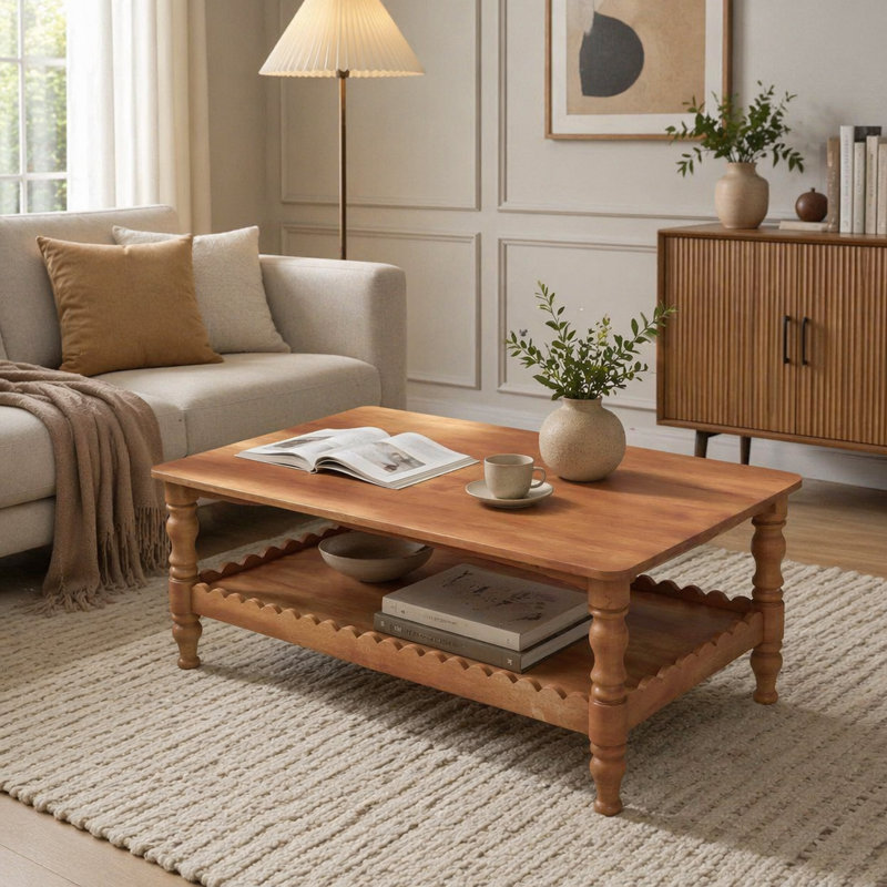 Rectangle Solid Wood Coffee Table with Storage Shelf