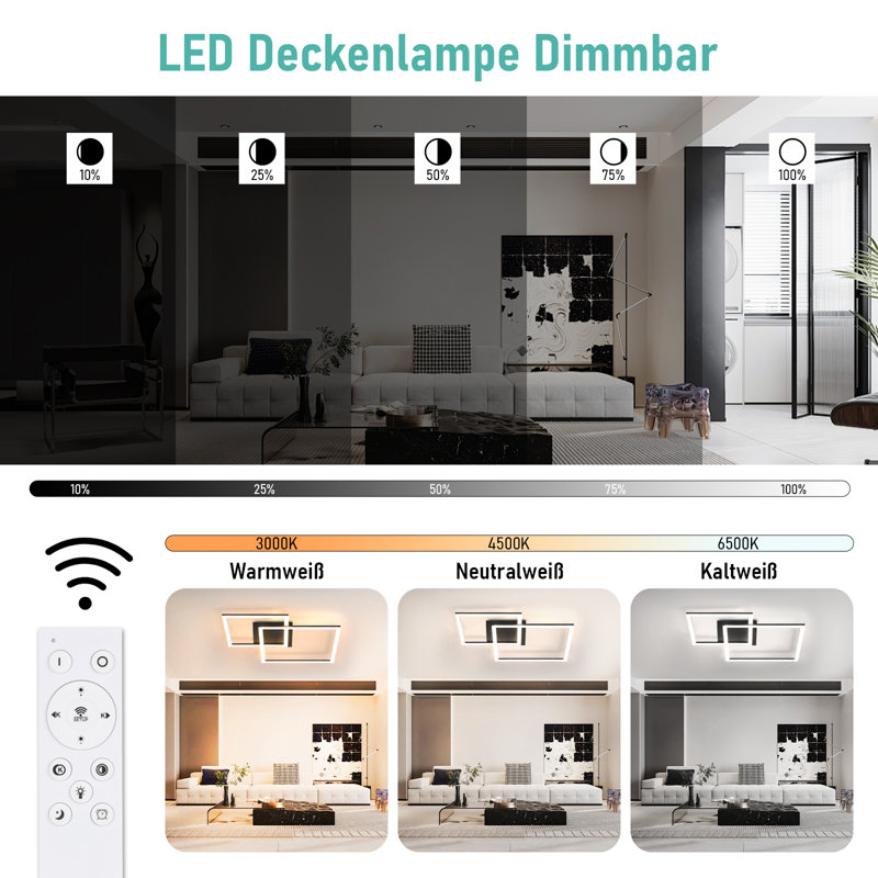 Led Ceiling Light, Square White, Modern, Dimmable With Remote Control, For Bedrooms And Kitchens, Black