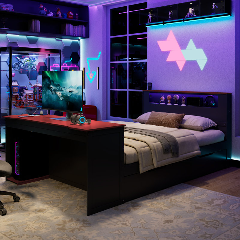 Full Size Wood Daybed with Twin Size Trundle,Desk,LED light and USB,Black+Red, Full/Double, Black/Red