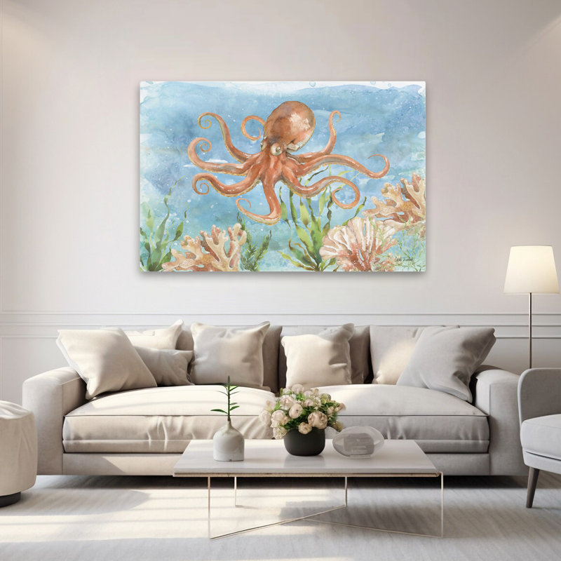 Under Coast Life IV - animal côtier - bleu, blanc, beige, brun, H 60 po x l 40 po