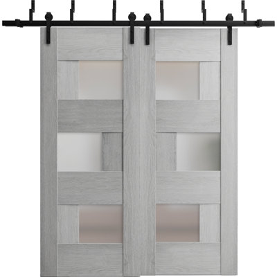 Portes coulissantes de style grange avec verre dépoli Sete 6933 Chêne gris clair Rails robustes de 2 m (6,6 pi) Quincaillerie pour portes de placard de chambre en bois massif - 91 x 203 cm (36 x 80 po) (2 x 46 x 203 cm [18 x 80 po])