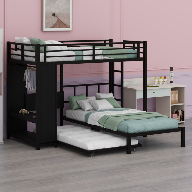 Lit superposé avec garde-robe intégrée, lit gigogne et bureau pliable, Lit superposé simple sur simple