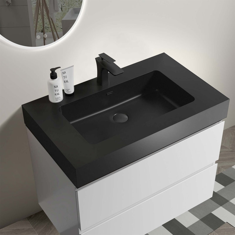 Meuble-lavabo mural flottant avec lavabo et rangement, Blanc, Noir