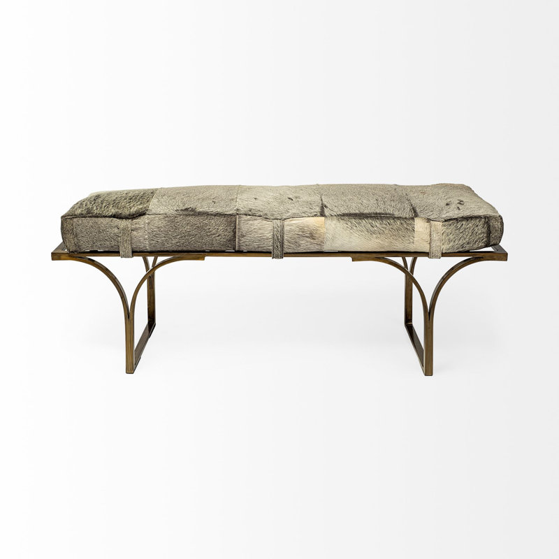 Magnolia Upholstered Bench, Gray Hair on Hide Genuine Leather