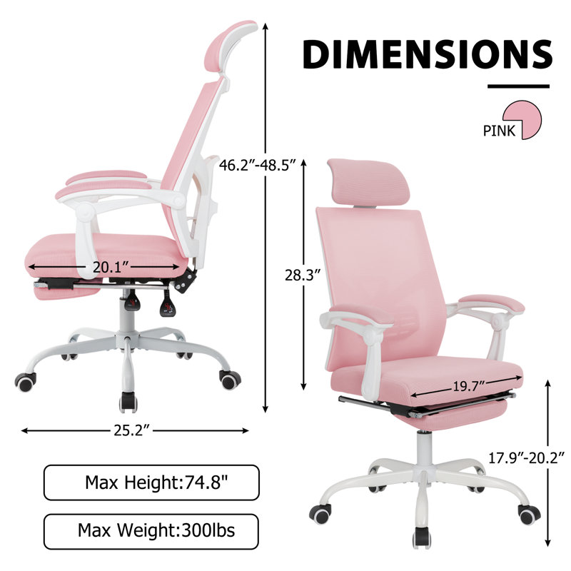 Makynlei High Back Ergonomic Mesh Office Chair with Adjustable Lumbar Support, Footrest and Headrest, Pink