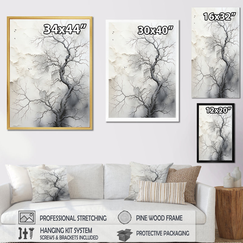Arbre blanc et gris mystique - décoration murale florale et botanique, Cadre photo noir, H 20 po x l 12 po x P 1 po