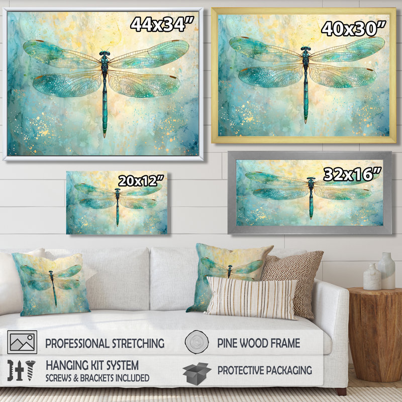 «Emerald Dragonfly Iridescent Wings I», reproduction sur toile, H 12 po x l 20 po, Doré